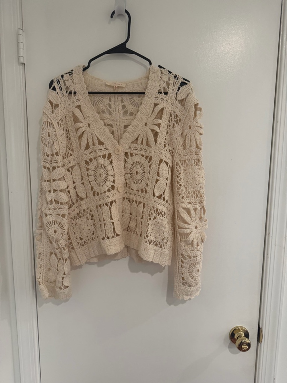 Boho Crochet Cardigan Ivory Granny Square Floral Knit Button Front Cottagecore S